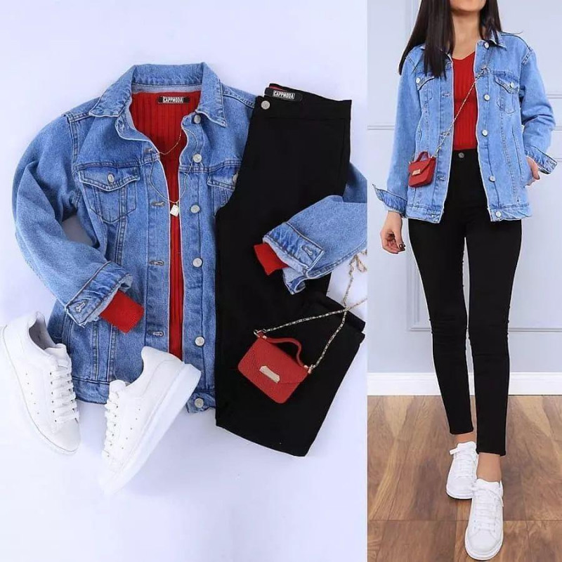 red top with denim jacket