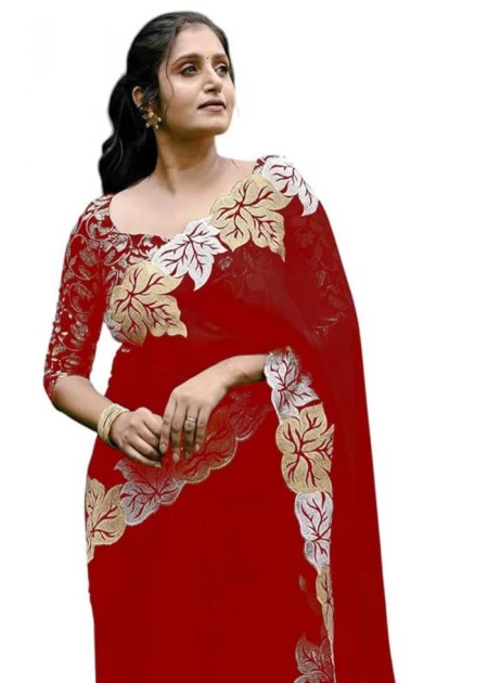 Beautiful Designer jari Thread Embroidery work of Leaf with Cutwork Border Red Saree