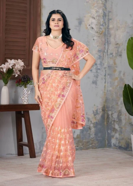 Designer Embroidery Work with Foil&Malti thread Work Peach Net Saree With Blouse