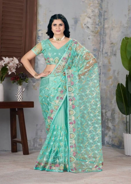 Designer Embroidery Work with Foil&Malti thread Work Sea Green Net Saree With Blouse
