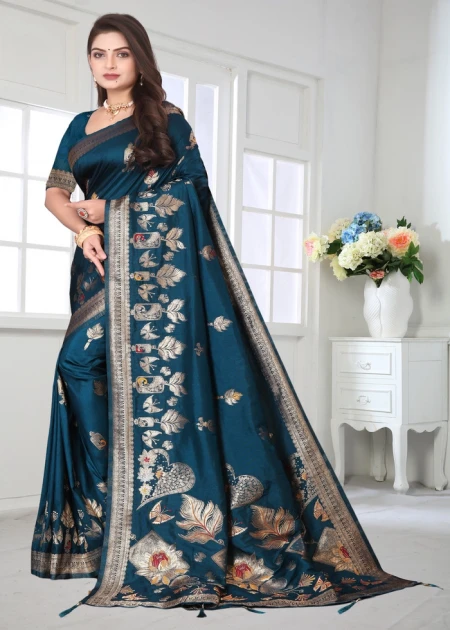 Woven Self Design Zari Pure Silk Heavy Work Paithani Teal Blue Saree
