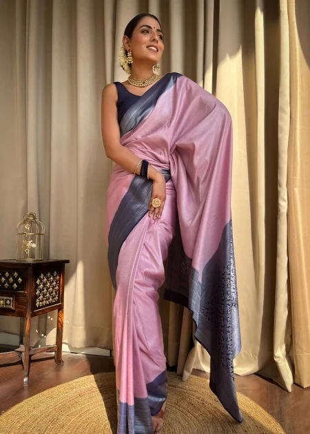 Designer Metallic Pink Antique Silver Kanjeevaram Silk Saree