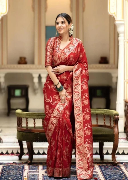 Red and gold-toned ethnic motifs woven design saree with woven design border
