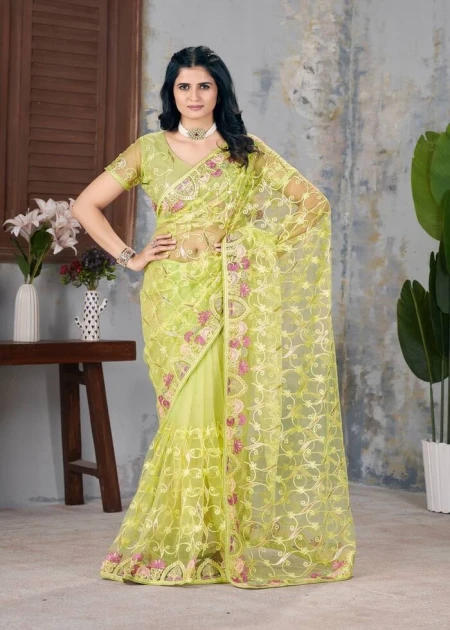 Designer Embroidery Work with Foil&Malti thread Work Light Green Saree With Blouse