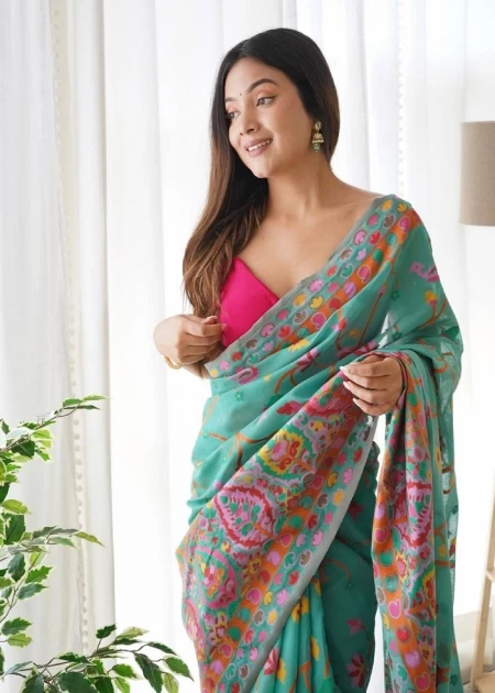 Sea Green KASHMIRI WEAVING MULTIPLE COLOR THRADE WEAVING PURE ZARI WEAVING