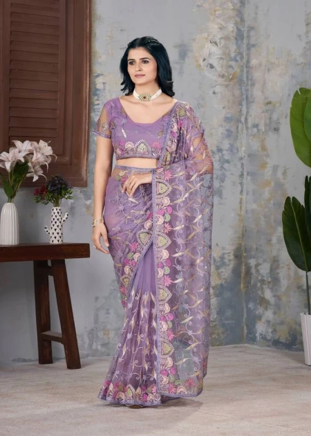 Designer Embroidery Work with Foil&Malti thread Work Lavender Net Saree With Blouse