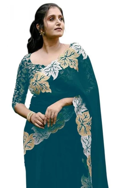 Beautiful Designer jari Thread Embroidery work of Leaf with Cutwork Border Teal Green Saree