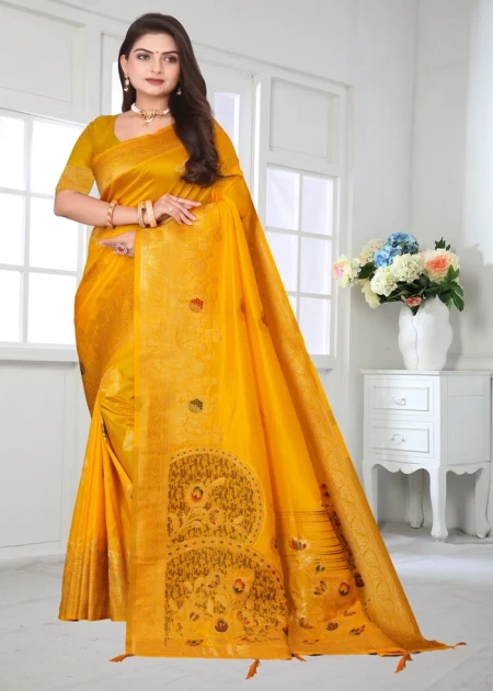 Woven Self Design Zari Pure Silk Heavy Work Paithani Yellow Saree