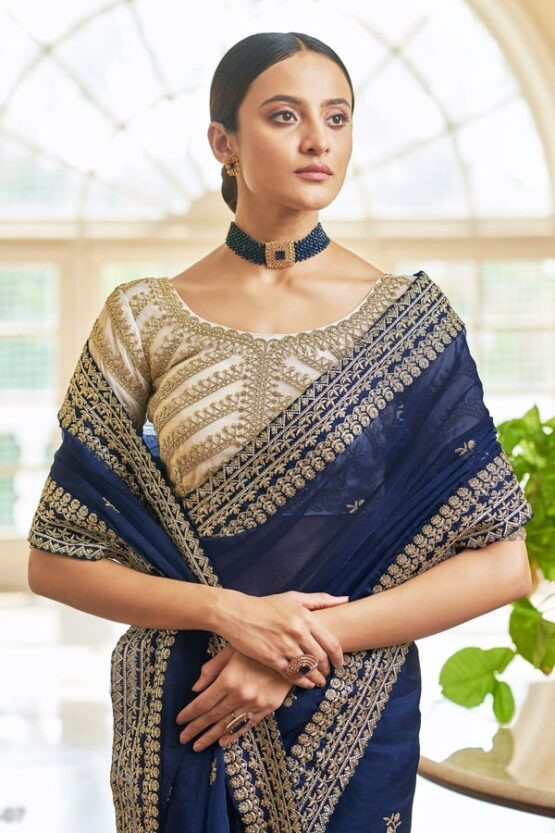 Indian wedding guest saree look Navy blue